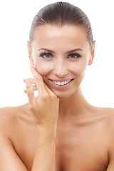 Image showing Portrait of woman, smile or beauty for wellness in studio with cosmetics, aesthetic or natural glow. Facial dermatology, confident or happy model with pride or skincare results on white background