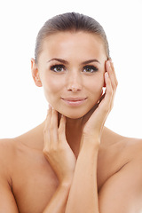 Image showing Portrait of woman, touching or skincare for wellness in studio with cosmetics, aesthetic or healthy glow. Facial dermatology, confident lady or model with pride or beauty results on white background