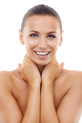 Image showing Portrait of happy woman, white background or skincare in studio for wellness with cosmetics, face or glow. Facial dermatology, confident lady or healthy model with smile or beauty results isolated