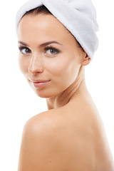 Image showing Portrait of woman, towel or beauty for wellness in studio with cosmetics, aesthetic or natural glow. Facial dermatology, detox or confident model with pride or skincare results on white background
