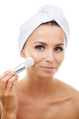 Image showing Makeup brush, portrait or model with foundation in studio for beauty or wellness on white background. Makeover, glamour or woman isolated with cosmetics powder, skincare or product for application