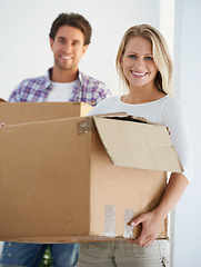 Image showing Smile, boxes and portrait of couple in new home living room for unpacking and moving together. Happy, love and young man and woman from Australia with cardboard packages in home or apartment.