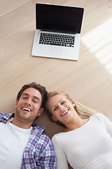 Image showing Couple, portrait and living room floor with laptop, marriage and relax for love, home and happy. Wife, husband and smile for commitment, bonding together and care for relationship, man or woman