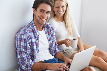 Image showing Portrait, relax or happy couple on laptop for email, social media or streaming subscription in home. Coffee, booking holiday vacation online or people on website or internet to search with smile