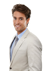 Image showing Professional man in studio, smile in portrait and entrepreneur with corporate career. Happy, confident and expert isolated on white background, young business owner or entrepreneurship with pride