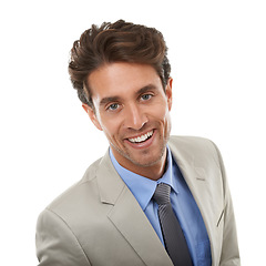 Image showing Professional man in studio, face and happy entrepreneur in corporate portrait. isolated on white background. Smile, confidence and expert, young business owner or entrepreneurship with pride