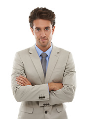 Image showing Professional man in studio, face and arms crossed with entrepreneur in corporate portrait. Ambition, confidence and expert on white background, young business owner or entrepreneurship with pride