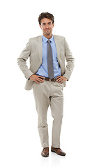 Image showing Smile, fashion and portrait of businessman in studio with elegant, fancy and stylish suit. Happy, confidence and full body of male person with luxury outfit for style isolated by white background.