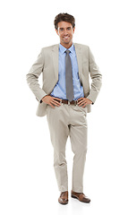 Image showing Happy, style and portrait of businessman in studio with elegant, fancy and stylish suit. Smile, confidence and full body of male person with luxury outfit for fashion isolated by white background.