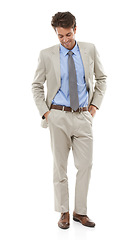 Image showing Confident, fashion and young businessman in studio with elegant, fancy and stylish suit. Smile, happy and full body of handsome male person with luxury outfit for style isolated by white background.