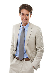 Image showing Smile, fashion and portrait of businessman in studio with elegant, fancy and stylish suit. Happy, confidence and handsome male person with luxury outfit for style isolated by white background.