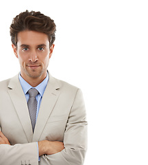 Image showing Crossed arms, fashion and portrait of businessman in studio with elegant, fancy and stylish suit. Smile, confidence and handsome male person with luxury outfit for style isolated by white background.