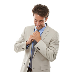 Image showing Business man, fixing tie and fashion for corporate career in studio with smile, ambition and pride. Happy consultant, professional style and suit, work apparel with confidence on white background
