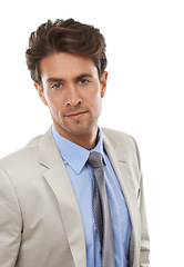 Image showing Corporate, suit and serious with portrait of man in studio isolated on white background for professional job. Face, business and mission with confident young employee in formal clothes for career