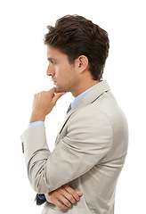 Image showing Thinking, decision and young businessman in a studio with brainstorming, question or guess face. Idea, option and profile of professional male person with choice facial expression by white background