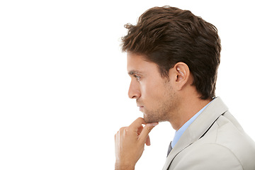 Image showing Thinking, question and young businessman in a studio with brainstorming, idea or guess face. Decision, option and profile of professional male person with choice facial expression by white background