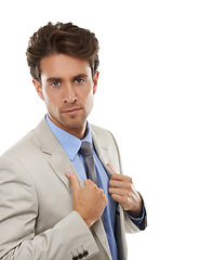 Image showing Business man, suit and fashion for corporate career in studio with portrait, ambition and pride. Confident consultant, professional style and jacket, work apparel with power on white background