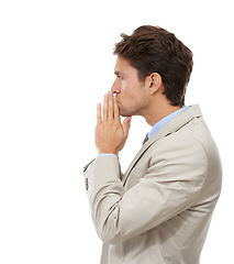 Image showing Thinking, idea and young businessman in a studio with brainstorming, question or guess face. Decision, option and profile of professional male person with choice facial expression by white background