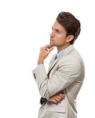 Image showing Thinking, idea and young businessman in a studio with brainstorming, question or guess face. Decision, option and profile of professional male person with choice facial expression by white background