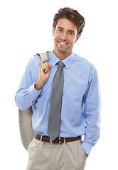 Image showing Happy, fashion and portrait of businessman in studio with elegant, fancy and stylish suit. Smile, confidence and handsome male person with luxury outfit for style isolated by white background.