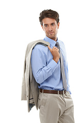 Image showing Business man, jacket and fashion for corporate career in studio with smile, ambition and pride. Confident consultant, professional style and suit, pose in work apparel or clothes on white background