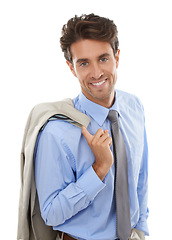 Image showing Business man, smile and fashion for corporate career in studio with jacket, ambition and pride. Happy consultant, professional style and suit, work apparel with confidence on white background