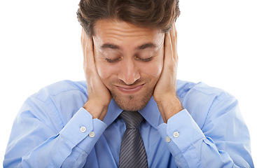 Image showing Face, stress and anxiety with business man in studio isolated on white background for deadline pressure. Headache, burnout and mental health with young employee eyes closed for audit frustration