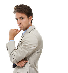 Image showing Thinking, idea and portrait of businessman in studio with brainstorming, question or guess face. Decision, option and profile of professional person with choice facial expression by white background.