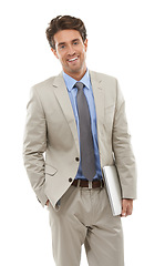 Image showing Business man with laptop, IT consultant and portrait, software upgrade in studio with technology on white background. Network, app development or tech support with connection, internet and programmer