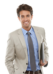 Image showing Man with laptop, corporate IT consultant and portrait, software upgrade in studio with technology on white background. Network, app development or tech support with connection, web and cyber security