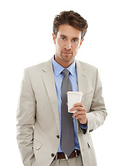 Image showing Businessman, portrait or serious in studio with coffee for morning takeaway, caffeine break or energy. Entrepreneur, corporate professional and face with confidence and beverage on white background