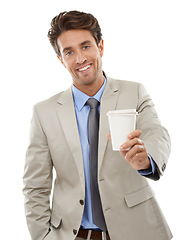 Image showing Businessman, portrait or happy in studio with coffee for morning takeaway, caffeine break or energy. Entrepreneur, corporate professional and face with confidence and beverage on white background