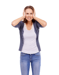 Image showing Block ears, white background or woman with headache with anxiety, bad mistake or burnout. Stress, angry or dizzy person in studio frustrated by fatigue, migraine pain or brain fog in debt crisis