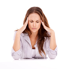 Image showing Stress, white background or tired businesswoman with headache with anxiety, mistake or burnout. Loss, dizzy or overworked employee in studio frustrated by fatigue, migraine or anxiety in debt crisis