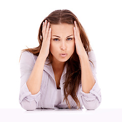 Image showing Stress, white background or portrait of woman with headache with fatigue, mistake or burnout. Loss, dizzy or overworked employee in studio frustrated by fatigue, migraine or anxiety in debt crisis