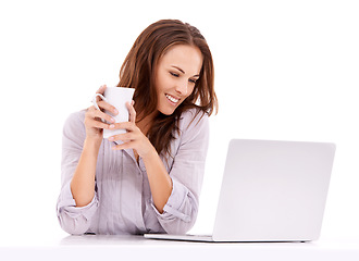 Image showing Laptop, coffee or happy woman in studio for social media planning, blog or copywriting research. Freelancer, smile or female person editing online isolated on a white background on break to relax