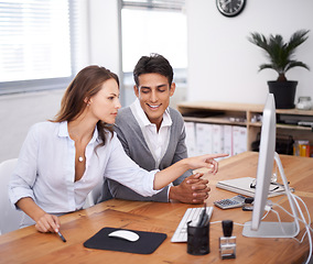 Image showing Sexual harassment, businessman flirting or woman with cleavage in office working with coworker. Looking, abuse problem or female employee at desk with an unprofessional male colleague or pervert