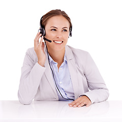Image showing Call center, thinking or happy woman in studio for communication in customer service. White background, virtual assistant or female sales agent listening with microphone to help in tech support