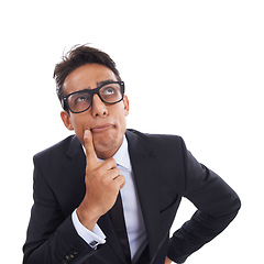 Image showing Businessman, thinking and planning in studio for company, contemplating and confidence in ideas. Male professional, lawyer and face by white background, question and wonder for career and future