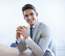 Image showing Businessman, portrait and planning in office for company, contemplating and confidence in ideas. Male professional, lawyer and face in workplace, positive and vision for career and future growth