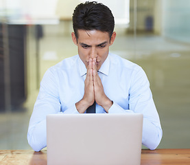 Image showing Business man, stress and glitch on laptop, deadline and anxiety for information and news in office. Male professional, frustration and mistake on tech, bad internet connection and worry for fail