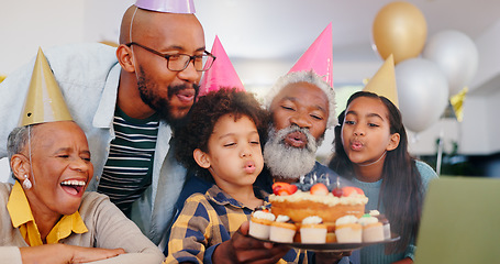 Image showing Birthday cake, smile and family at party celebration together at modern house with candles and cake. Happy, excited and young children with African father and grandparents for sweet dessert at home.