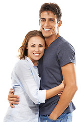 Image showing Happy couple, portrait and hug in embrace for compassion, love or care against a white studio background. Handsome man and young woman smile for romance, affection or relationship together on mockup