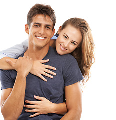 Image showing Happy couple, portrait and hug for love, care or compassion in embrace against a white studio background. Handsome man and young woman smile for romance, affection or relationship together on mockup