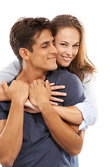 Image showing Happy couple, hug and love in care, compassion or trust for embrace against a white studio background. Handsome man and young woman smile for romance, affection or relationship together on mockup