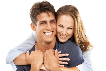 Image showing Happy couple, portrait and hug in embrace for love, care or compassion against a white studio background. Handsome man and young woman smile for romance, affection or relationship together on mockup