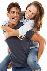 Image showing Happy couple, hug and piggyback for love, care or compassion on a white studio background. Handsome man and young woman smile enjoying back ride for romance, affection or fun relationship together