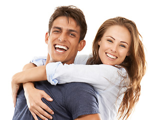 Image showing Happy couple, portrait and hug for piggyback, care or love in support or compassion on a white studio background. Handsome man and woman smile enjoying back ride in romance, affection or fun together