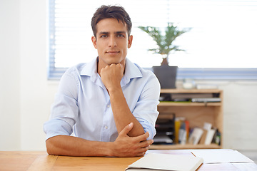 Image showing Businessman, portrait and relax with documents at office in confidence for career ambition or mindset. Man or employee smile with hand on chin by paperwork, desk or table for finance job at workplace