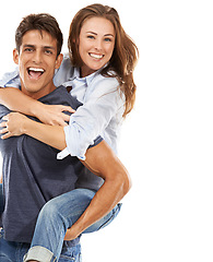 Image showing Happy couple, portrait and hug on piggyback for care, love or compassion on a white studio background. Handsome man and young woman smile for romance, affection or fun relationship together on mockup